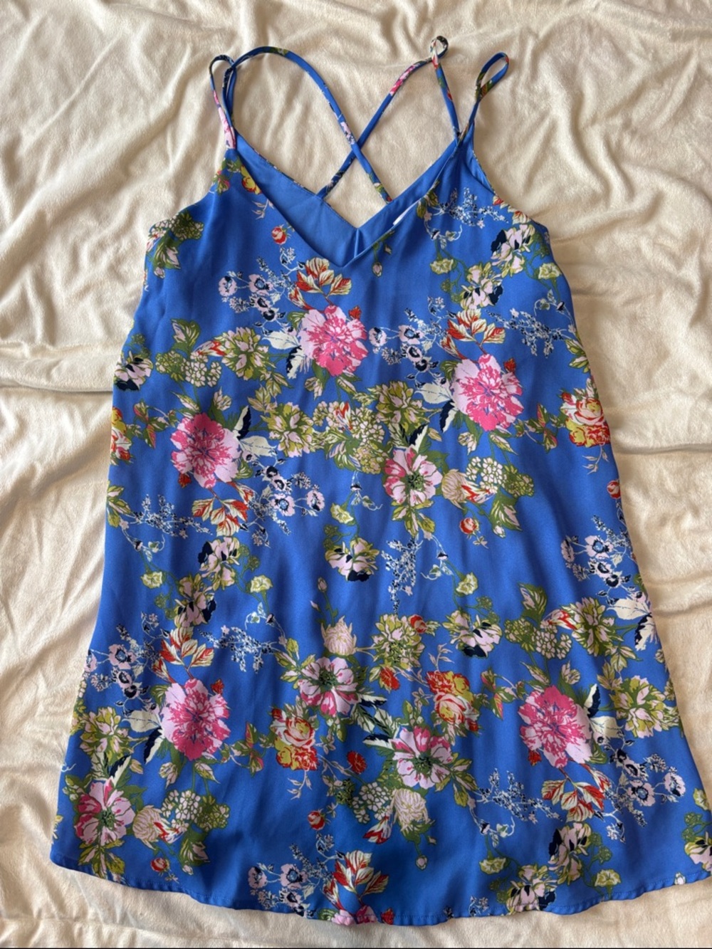 Xhilaration Cobalt Blue Floral Slip Dress with Pink & Green Accents